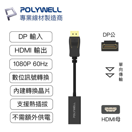 DP轉HDMI 訊號轉換器 FHD 1080P DP HDMI 轉接線