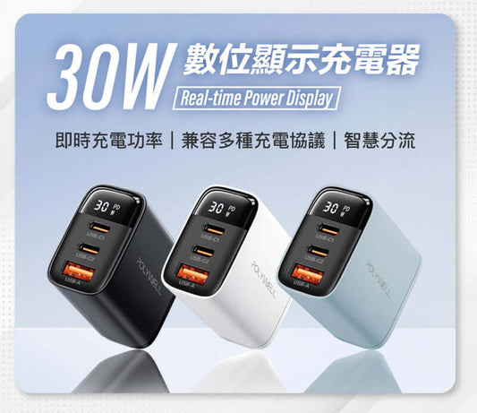 30W三孔PD快充頭 雙USB-C+USB-A 數位顯示充電器 BSMI認證