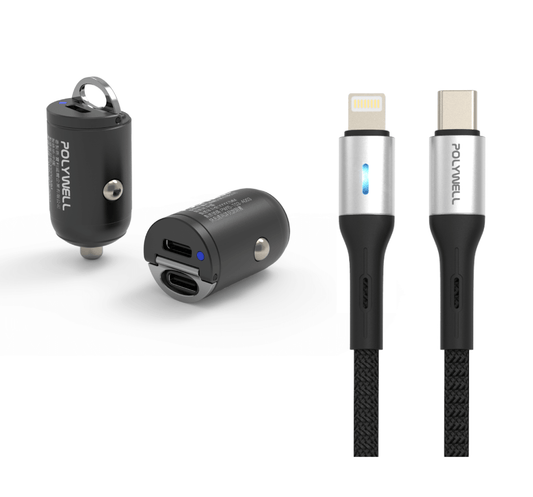27W雙USB-C車用快充組 迷你車用PD快充頭+LED PD快充編織線