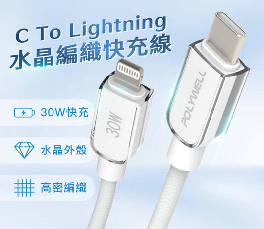 Type-C To L 30W 蘋果水晶編織快充線 透明外殼 適用i14前產品
