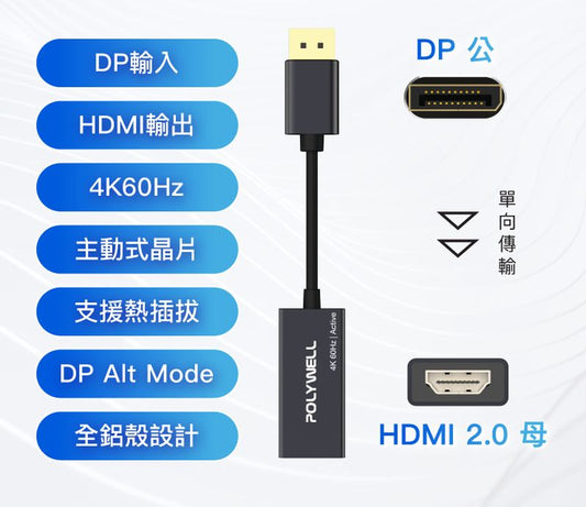 DP轉HDMI 訊號轉換器 4K 60Hz 主動式晶片 DP HDMI 轉接線
