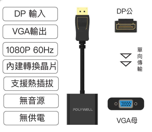 DP轉VGA 訊號轉換器 FHD 1080P DP VGA 轉接線 轉接頭