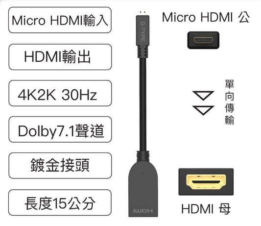 Micro HDMI轉HDMI 轉接線 4K2K D-Type HDMI 傳輸線