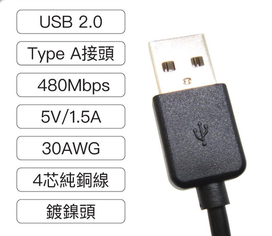 USB 2.0 Type-A 公對公 1.8米 充電線 傳輸線