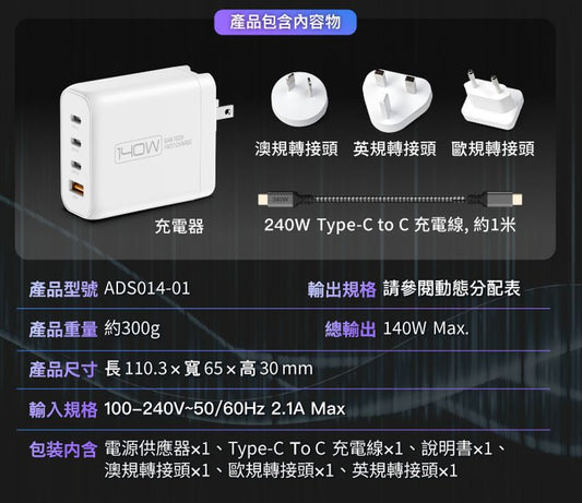 140W電源供應器 附多國轉接 三Type-C孔+USB-A孔 可充筆電 BSMI