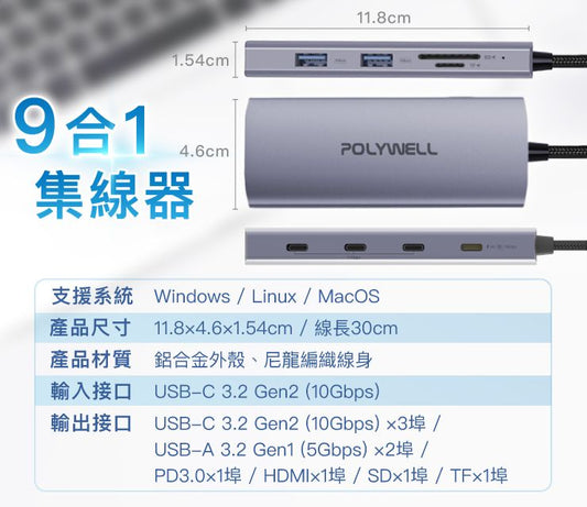 Type-C九合一多功能集線器 HUB 100W PD快充 10G HDMI SD