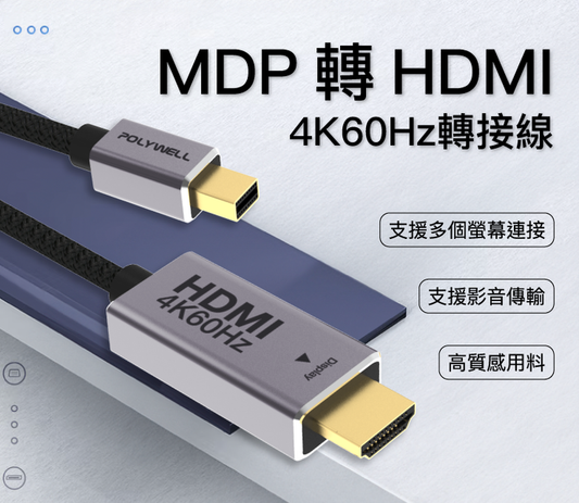 MDP To HDMI轉接線 2米 4K60Hz 多螢幕 工作站顯卡 影音轉接